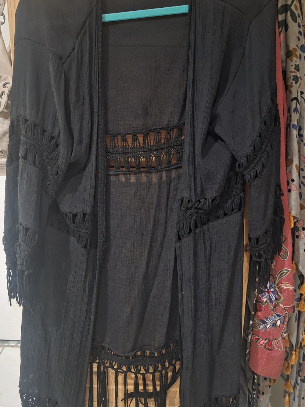 Black Crochet Fringe Kimono Cardigan, Cover-up.